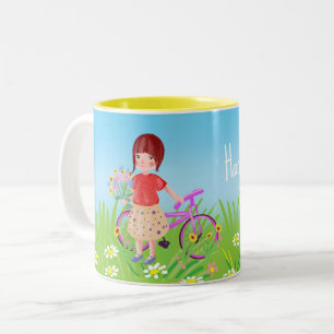 Taza Bicolor Chica con una bicicleta en un prado floreciente