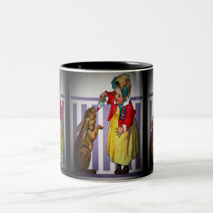 Taza Bicolor Chica de Pascua Vintage alimentando un conejo, ZSS