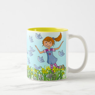 Taza Bicolor Chica de primavera persiguiendo a los pájaros