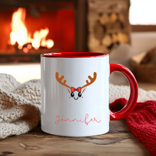 Taza Bicolor Chica Kawaii Reno Cara Nombre Personalizado Navida