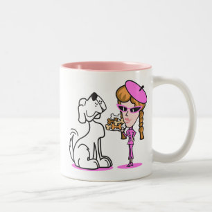 Taza Bicolor chica retro y perro mascota, chica retro y perro m