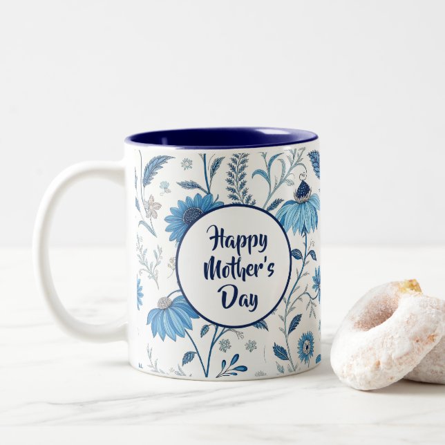 Taza Bicolor Chinoiserie Blue Echinacea Pattern (Con donut)
