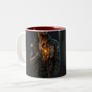 Taza Bicolor ciberpunk, ciborg, samurái, neón, synthwave, guerr