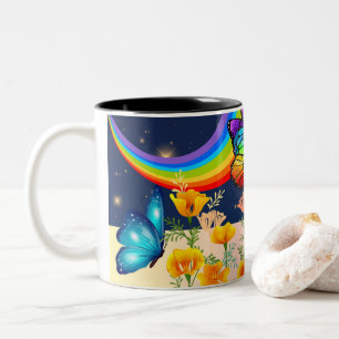 Taza Bicolor Cielo nocturno, arcoiris, mariposas y flores