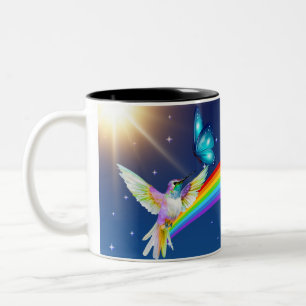 Taza Bicolor Cielo nocturno, dos pájaros, mariposas y arcoiris