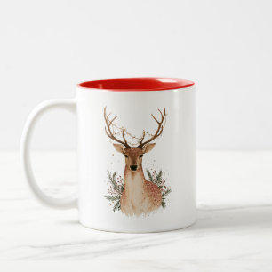 Taza Bicolor Ciervo Retro con Luces de Cadena y Verdor Invernal