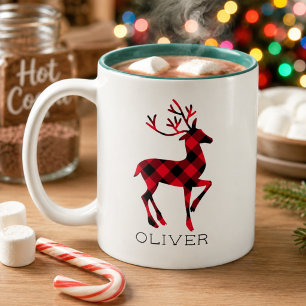 Taza Bicolor Ciervo Rojo Cuadros de Búfalo Navidad Personalizad