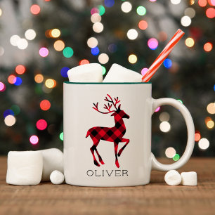 Taza Bicolor Ciervo Rojo Cuadros de Búfalo Navidad Personalizad