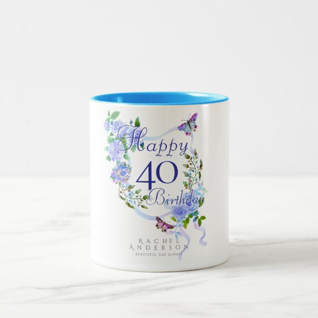 Taza Bicolor Cinta de Rosa Azul Cumpleaños 40 (Centro)
