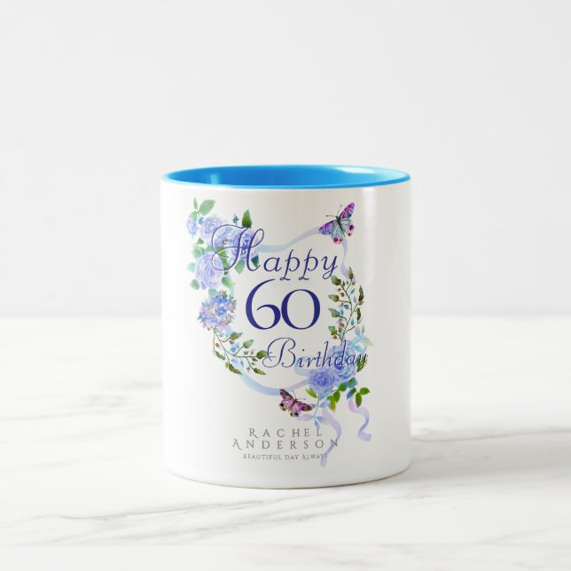 Taza Bicolor Cinta de Rosa Azul Cumpleaños 60 (Centro)