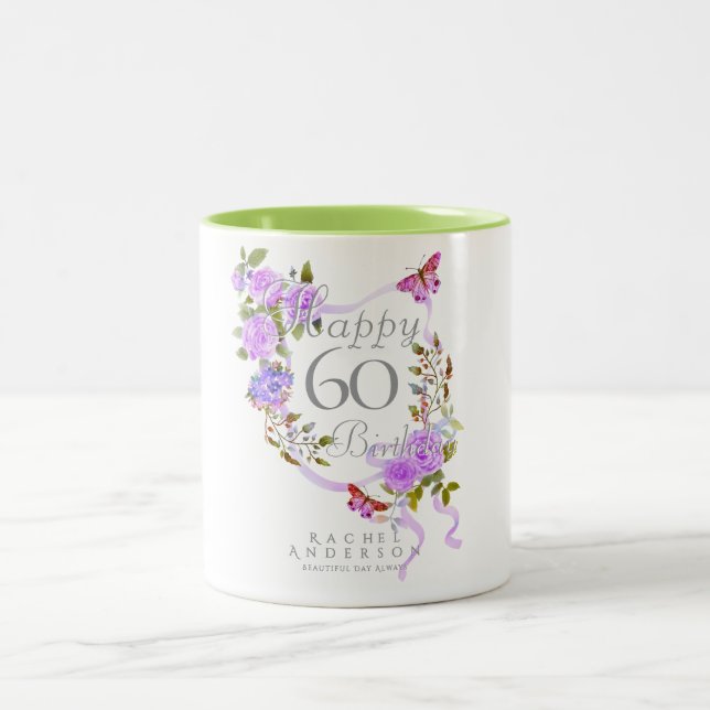Taza Bicolor Cinta de Rosa Púrpura Cumpleaños 60 (Centro)