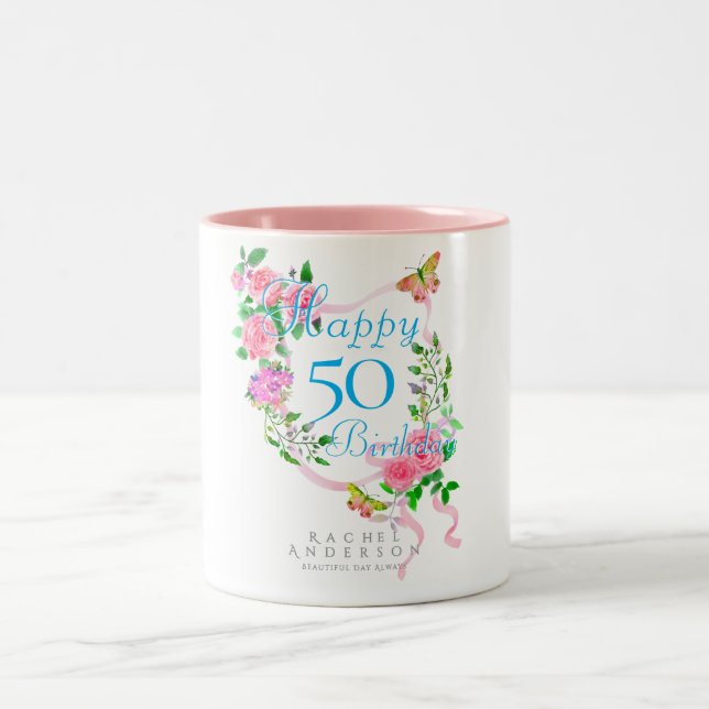 Taza Bicolor Cinta de Rosa Rosa Cumpleaños 50 (Centro)