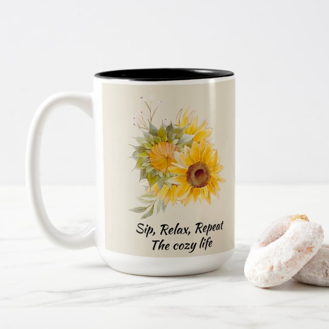 Taza Bicolor Cita Relajante Con Girasoles (Con donut)