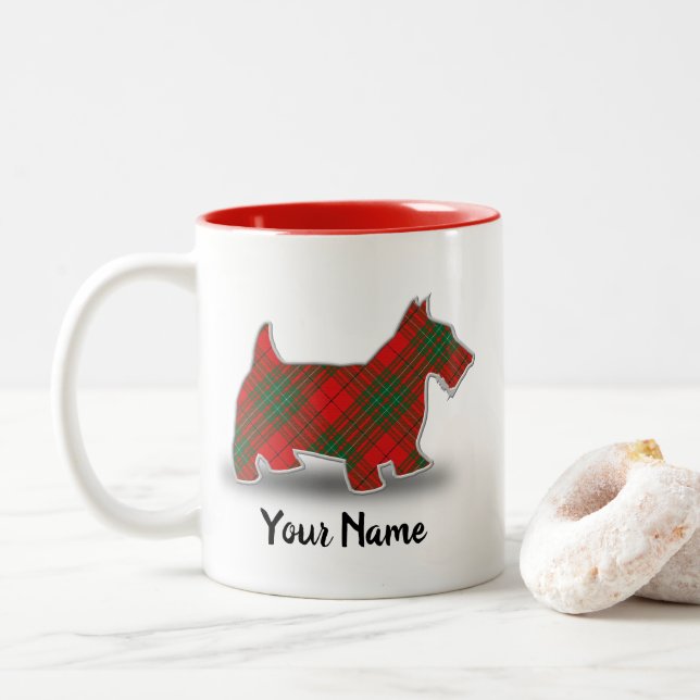 Taza Bicolor Clan escocés Cumming Red Tartan Scottish Terrier (Con donut)