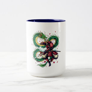 Taza Bicolor Código Bushido Samurái con Dragón y Flores de Saku