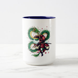 Taza Bicolor Código Bushido Samurái con Dragón y Flores de Saku