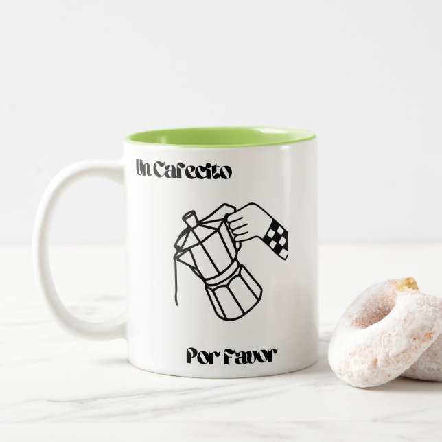 Taza Bicolor Coffee Mug, "Un Cafecito Por Favor", cute design (Con donut)
