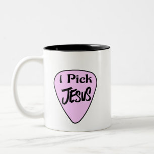 Taza Bicolor Coffee Mug "Yo elijo a Jesús" Púa de guitarra rosa