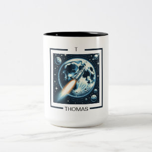 Taza Bicolor Cohetes Moon Space Monograma de café de dos tonos 