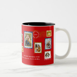 Taza Bicolor Colaje de fotos Sellos Vintage Rojo Navidad Abuela