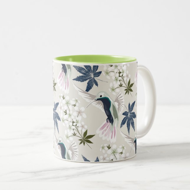 Taza Bicolor Colibríes y flores blancas. (Anverso derecho)