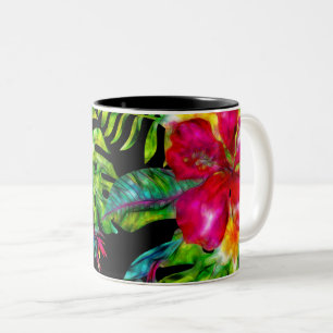 Taza Bicolor Color Brillante Floral Tropical Hojas de Hibisco