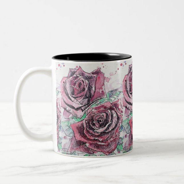 Taza Bicolor Color de agua rosa rojo Flores Pintura floral (Izquierda)