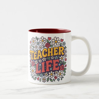 Taza Bicolor Colorful Teacher Life Mug – Retro Floral Design fo