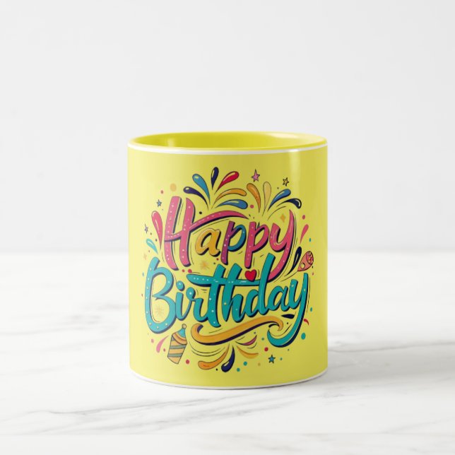 Taza Bicolor "Colorida celebración de cumpleaños feliz" Mug (Centro)
