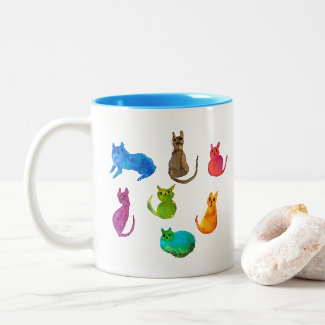 Taza Bicolor Coloridos gatos locos en acuarela (Con donut)