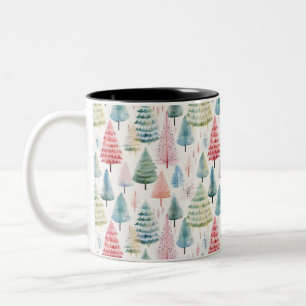 Taza Bicolor Coloridos Navidades Pastel Patrón de Pinos Árboles