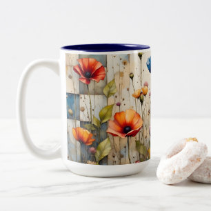 Taza Bicolor Coloridos Papeles Floral Rústica Azul Patchwork
