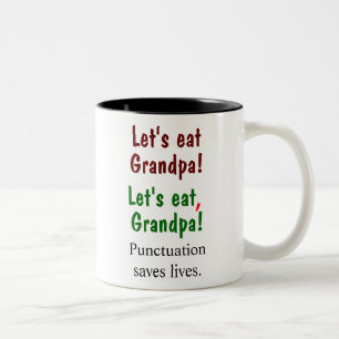 Taza Bicolor Comamos al abuelo que la puntuación ahorra las