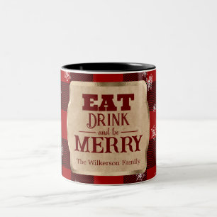 Taza Bicolor Come, Bebe y Alégrate Navidad Plaid Rojo Rústico