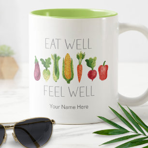 Taza Bicolor Come Bien Siente Bien Verduras Orgánicas Acuarela