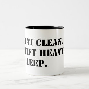 Taza Bicolor Come Limpio. Levantar fuerte. Duerme.
