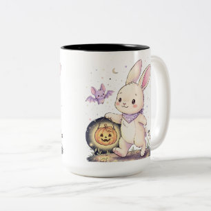 Taza Bicolor Conejito de Halloween con linterna de calabaza y m
