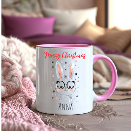 Taza Bicolor Conejito Navideño Lindo con Gorro de Santa Café