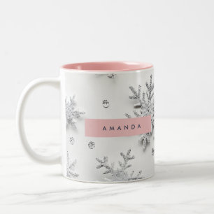 Taza Bicolor Copo de Nieve de Plata Personalizado y Blanco de I