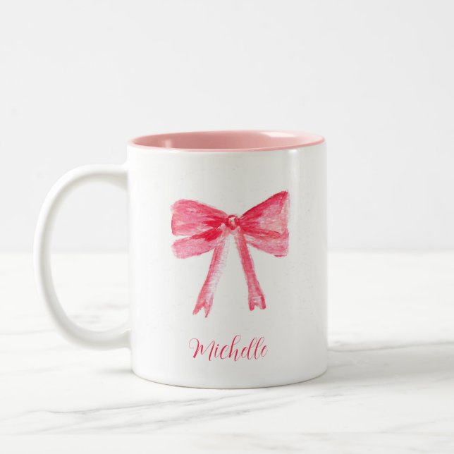 Taza Bicolor Coqueta Estética Bow Rosa Elegante Acuarela (Izquierda)