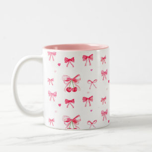 Taza Bicolor Coqueta Estética Bow Rosa Elegante Acuarela