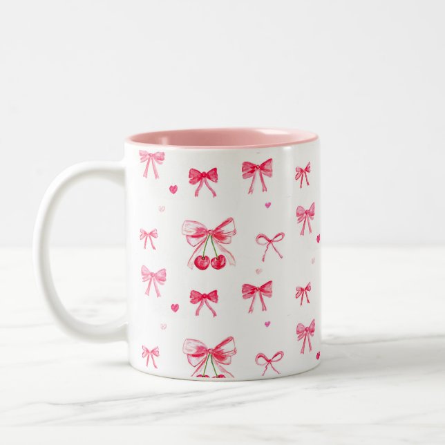 Taza Bicolor Coqueta Estética Bow Rosa Elegante Acuarela (Izquierda)