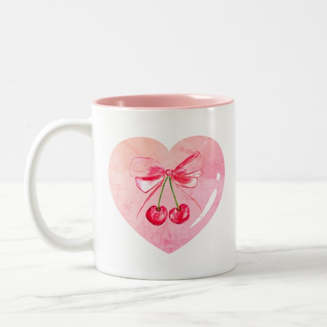 Taza Bicolor Coqueta Estética Bow Rosa Elegante Acuarela (Izquierda)