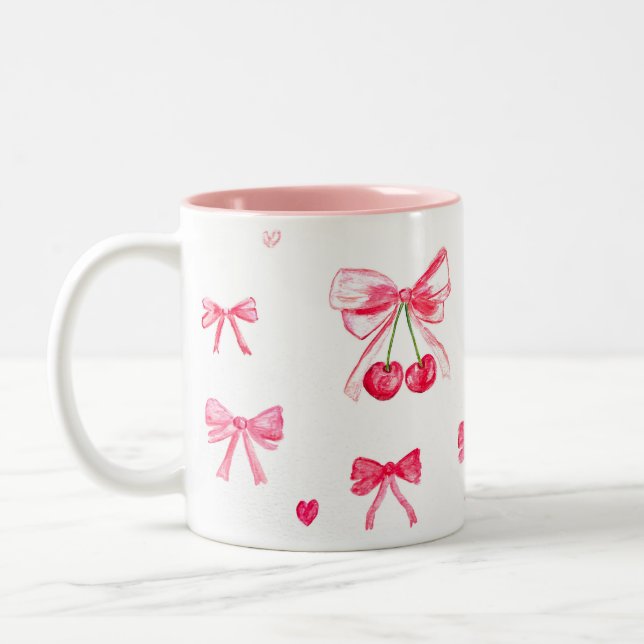 Taza Bicolor Coqueta Estética Bow Rosa Elegante Acuarela (Izquierda)