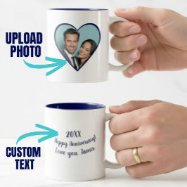 Taza Bicolor Corazón azul de foto personalizada de aniversario