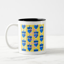 Taza Bicolor Corazón y Corona de Rey Azul con Flor Roja