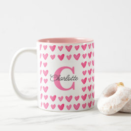 Taza Bicolor Corazones rosados de color acuarela monogramada de