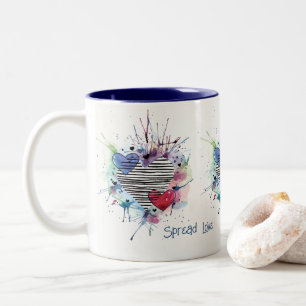 Taza Bicolor Corazones Y Lavabos Cuidados En Acuarela