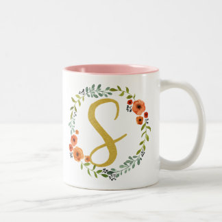 Taza Bicolor Corona de flores botánicas con monograma dorado in