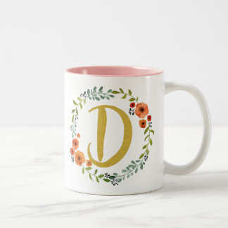 Taza Bicolor Corona de flores Monograma dorado inicial D